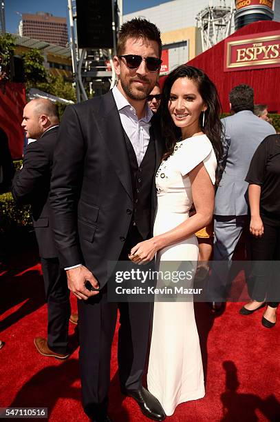 Player Aaron Rodgers and actress Olivia Munn attend the 2016 ESPYS at Microsoft Theater on July 13, 2016 in Los Angeles, California.