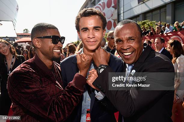 Recording artist Usher, Daniel Ray Leonard and Sugar Ray Leonard attend the 2016 ESPYS at Microsoft Theater on July 13, 2016 in Los Angeles,...