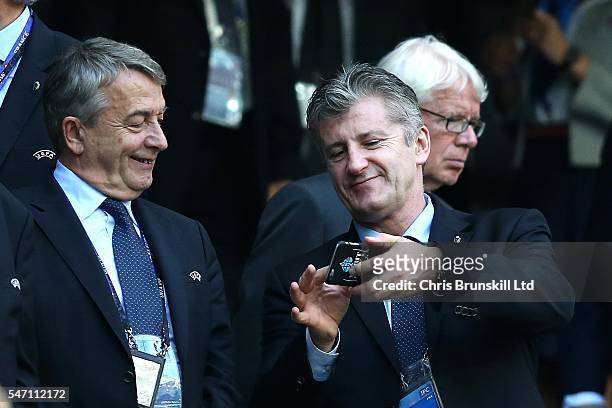 Davor Suker looks on next to Wolfgang Niersbach during the UEFA Euro 2016 Semi Final match between Germany and France at Stade Velodrome on July 07,...