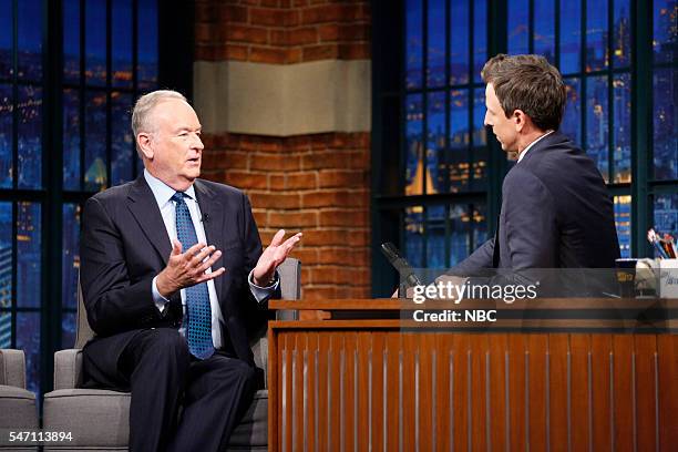 Episode 392 -- Pictured: Political commentator, Bill O'Reilly, during an interview with host Seth Meyers on July 13, 2016 --