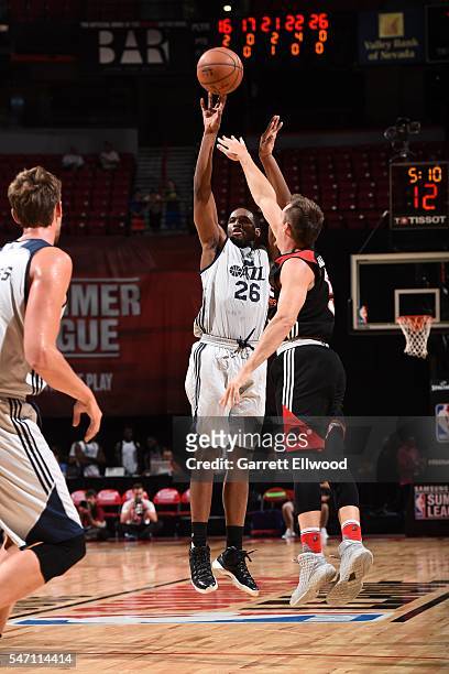 Dionte Christmas of Utah Jazz shoots against the Portland Trailblazers during the 2016 Las Vegas Summer League on July 13, 2016 at the Thomas & Mack...