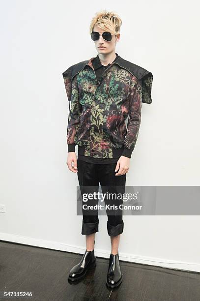 Model poses during the Malan Breton Homme Presentation at 420 W 14th st on July 13, 2016 in New York City.