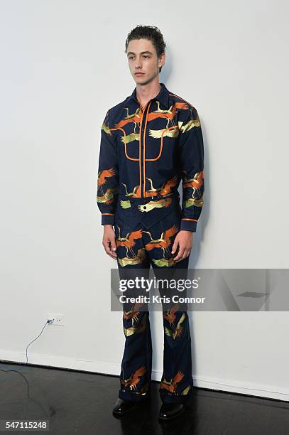 Model poses during the Malan Breton Homme Presentation at 420 W 14th st on July 13, 2016 in New York City.