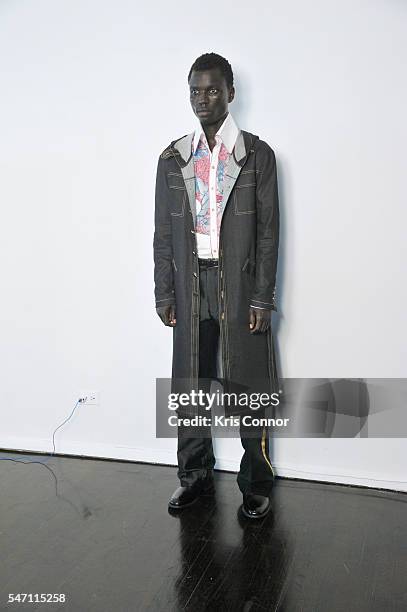 Model poses during the Malan Breton Homme Presentation at 420 W 14th st on July 13, 2016 in New York City.