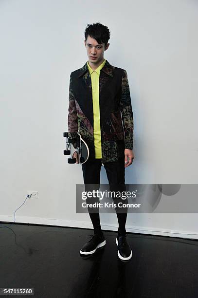 Model poses during the Malan Breton Homme Presentation at 420 W 14th st on July 13, 2016 in New York City.