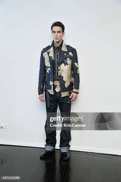 Model poses during the Malan Breton Homme Presentation at 420 W 14th st on July 13, 2016 in New York City.