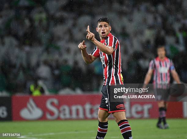 Jonathan Calleri of Brazil's Sao Paulo celebrates after scoring against Colombia's Atletico Nacional, during their 2016 Copa Libertadores semifinal...