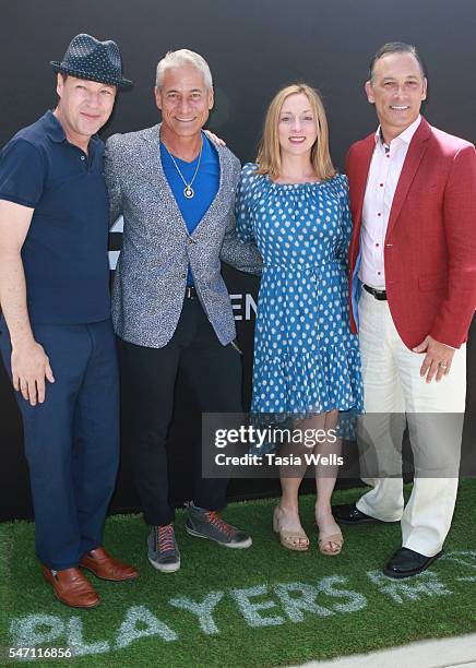 Actor French Stewart, diver Greg Louganis, Vanessa Stewart and Johnny Chaillot attend Greg Louganis' Pre- ESPY Awards Wheaties Breakfast for...