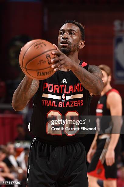 Russ Smith of Portland Trailblazers shoots against the Utah Jazz during the 2016 Las Vegas Summer League on July 13, 2016 at the Thomas & Mack Center...