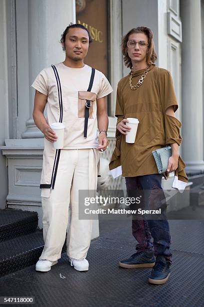 Dalton Taylor and Christopher di Giorgio are seen attending the Suitsupply Presentation wearing Dalton Taylor top, Helmut Lang pants, and Adidas...