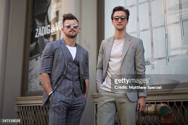 Nathan Mccallum and Marcel Floruss are seen attending the Suitsupply Presentation wearing Gentle Monster glasses, Bangarang suit, and Zara shoes; and...