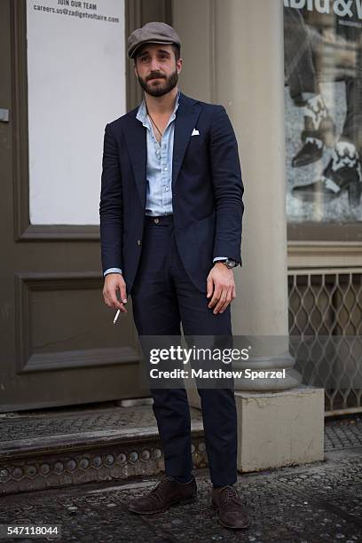 Dom Trentalange is seen attending the Suitsupply Presentation wearing a Suitsupply outfit during New York Fashion Week Men’s Collection F/W 2017 on...