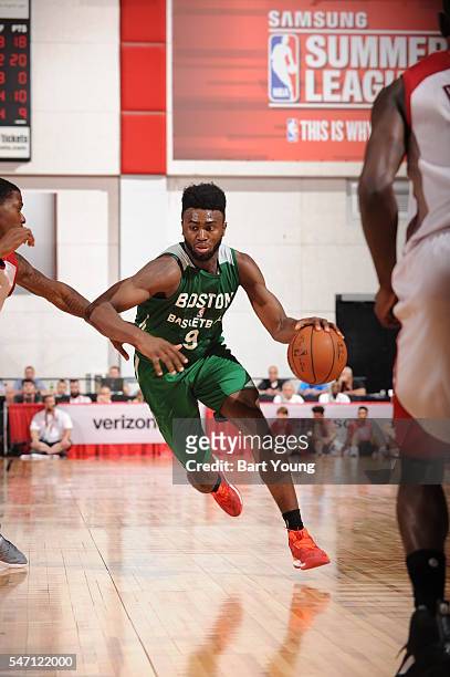Jaylen Brown of the Boston Celtics handles the ball against the Cleveland Cavaliers during the 2016 NBA Las Vegas Summer League game on July 13, 2016...