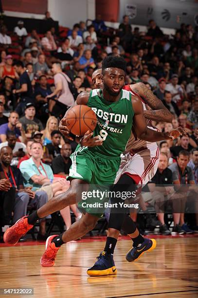 Jaylen Brown of the Boston Celtics handles the ball against the Cleveland Cavaliers during the 2016 NBA Las Vegas Summer League game on July 13, 2016...