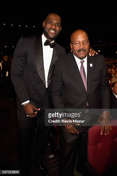 Player LeBron James and former NFL player Jim Brown attend the 2016 ESPYS at Microsoft Theater on July 13, 2016 in Los Angeles, California.