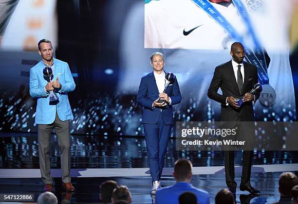 Honorees Peyton Manning, Abby Wambach and Kobe Bryant accept the Icon Award onstage during the 2016 ESPYS at Microsoft Theater on July 13, 2016 in...