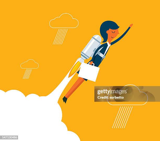 geschäftsfrau mit einer rakete steigend - geschafft stock-grafiken, -clipart, -cartoons und -symbole