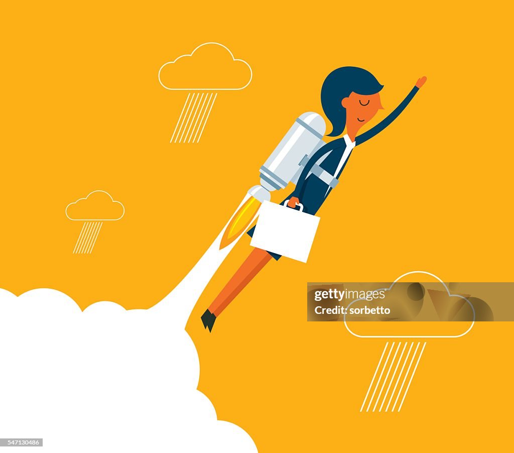 Businesswoman with a rocket rising