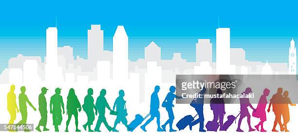 cityscape with colourful tourist silhouettes - montreal stock illustrations
