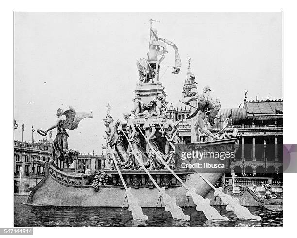 antique photograph of the columbain fountain(world's columbian exposition, chicago,usa-1893) - art frieze exhibition stock illustrations