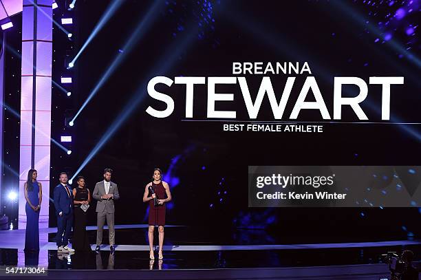 UConn Women's Basketball player Breanna Stewart accepts the Best Female Athlete award from MLB player Josh Donaldson, actress Gina Rodriguez and MLB...