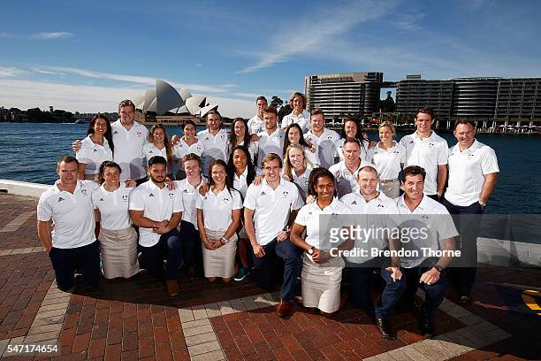 Players from the Australian Women's and Men's Sevens Rugby Teams pose during the Australian Olympic Games rugby sevens team announcement at Museum of...