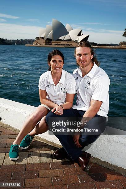 Charlotte Caslick and Lewis Holland of the Australian Women's and Men's Sevens Rugby Teams pose during the Australian Olympic Games rugby sevens team...