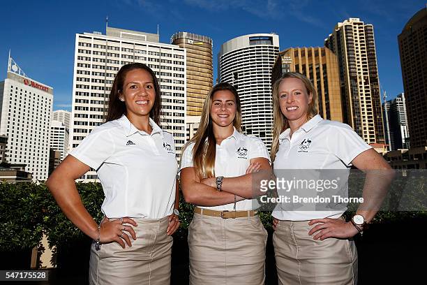 Evania Pelite, Emma Tonegato and Gemma Etheridge of the Australian Women's Sevens Rugby Team pose during the Australian Olympic Games rugby sevens...