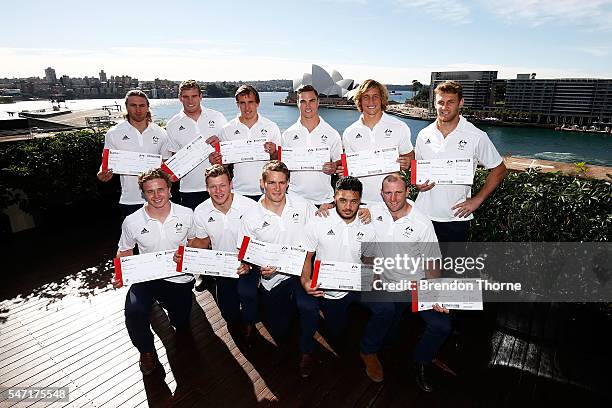 Players from the Australian Men's Sevens Rugby Teams pose during the Australian Olympic Games rugby sevens team announcement at Museum of...