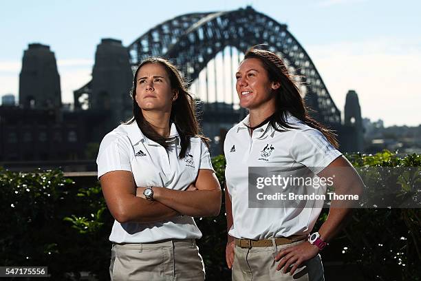 Shannon Parry and Sharni Williams of the Australian Women's Sevens Rugby Team pose during the Australian Olympic Games rugby sevens team announcement...