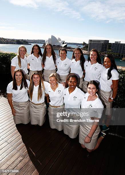 Players from the Australian Women's Sevens Rugby Teams pose during the Australian Olympic Games rugby sevens team announcement at Museum of...