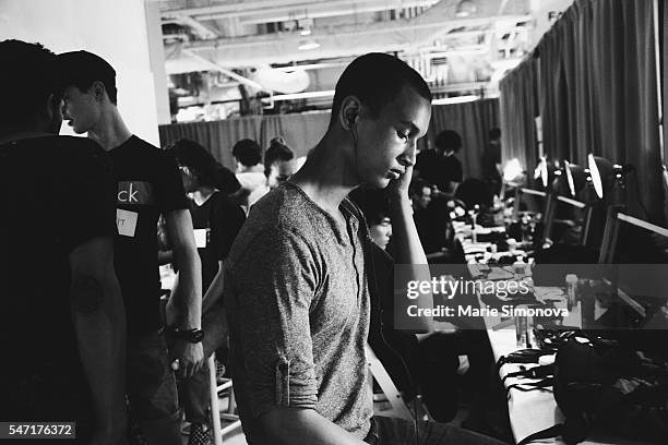 Model poses before Zachary Prell presentation at Skylight Clarkson Sq on July 13, 2016 in New York City.