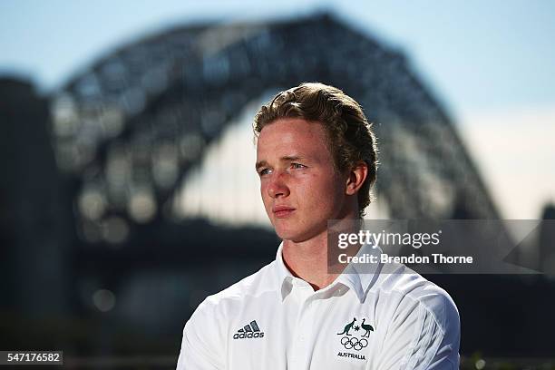 Henry Hutchison of the Australian Men's Sevens Rugby Team poses during the Australian Olympic Games rugby sevens team announcement at Museum of...