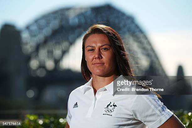 Sharni Williams of the Australian Women's Sevens Rugby Team poses during the Australian Olympic Games rugby sevens team announcement at Museum of...