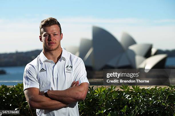 Cameron Clark of the Australian Men's Sevens Rugby Team poses during the Australian Olympic Games rugby sevens team announcement at Museum of...