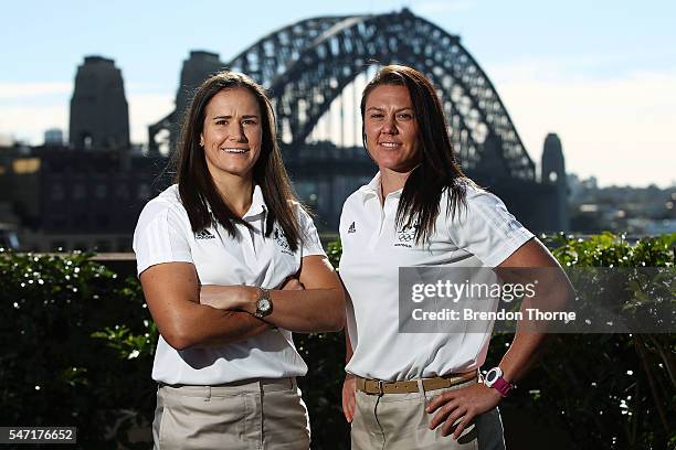 Shannon Parry and Sharni Williams of the Australian Women's Sevens Rugby Team pose during the Australian Olympic Games rugby sevens team announcement...