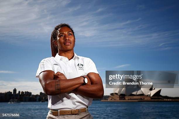 Ellia Green of the Australian Women's Sevens Rugby Team poses during the Australian Olympic Games rugby sevens team announcement at Museum of...