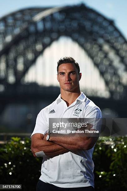 Ed Jenkins of the Australian Men's Sevens Rugby Team poses during the Australian Olympic Games rugby sevens team announcement at Museum of...