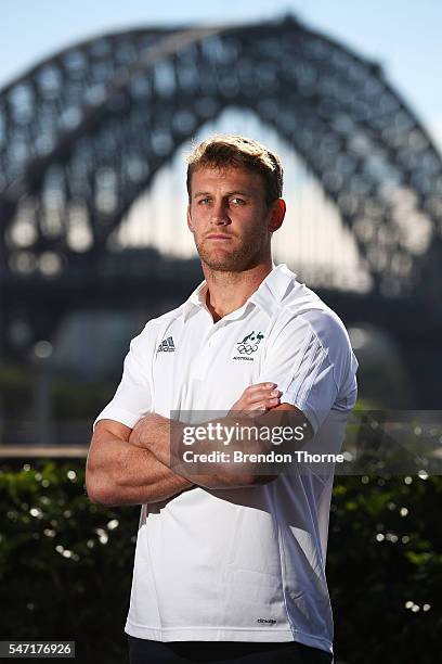 Pat McCutcheon of the Australian Men's Sevens Rugby Team poses during the Australian Olympic Games rugby sevens team announcement at Museum of...