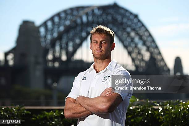 Pat McCutcheon of the Australian Men's Sevens Rugby Team poses during the Australian Olympic Games rugby sevens team announcement at Museum of...