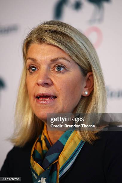 Chef de Mission Kitty Chiller speaks to the media during the Australian Olympic Games rugby sevens team announcement at Museum of Contemporary Art on...