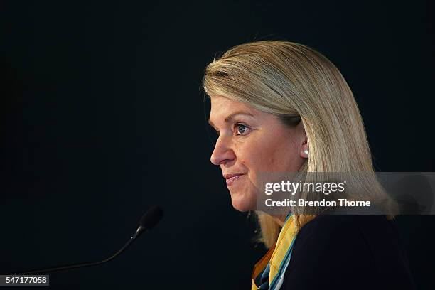 Chef de Mission Kitty Chiller speaks to the media during the Australian Olympic Games rugby sevens team announcement at Museum of Contemporary Art on...