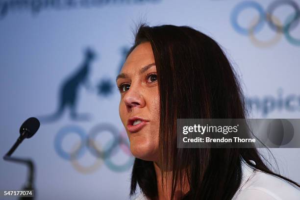 Sharni Williams of the Australian Women's Sevens Rugby Team speaks to the media during the Australian Olympic Games rugby sevens team announcement at...