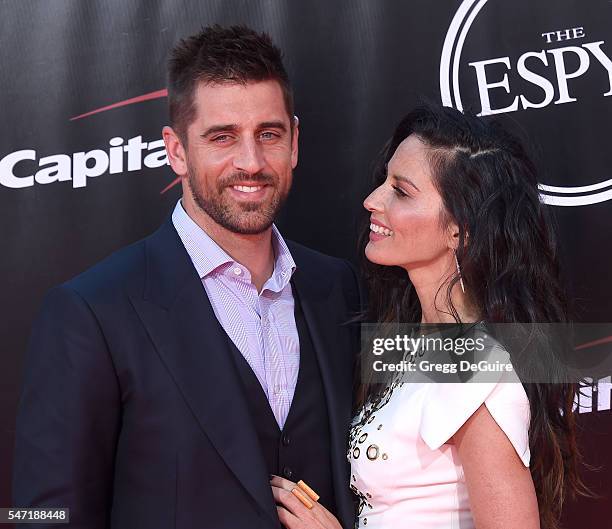 Actress Olivia Munn and NFL player Aaron Rodgers arrive at The 2016 ESPYS at Microsoft Theater on July 13, 2016 in Los Angeles, California.