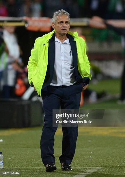 Reinaldo Rueda, coach of Atletico Nacional watches the game during a second leg semi final match between Atletico Nacional and Sao Paulo as part of...