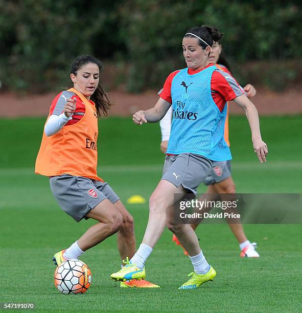 Danielle van de Donk and Natalia Pablos Sanchon of Arsenal Ladies during their training session on July 13, 2016 in London Colney, England.