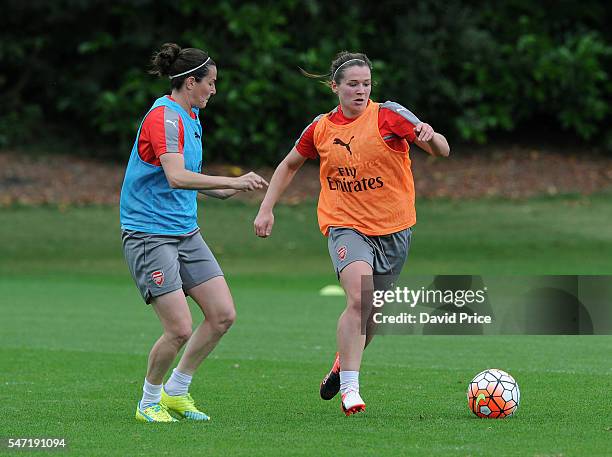 Emma Mitchell and Natalia Pablos Sanchon of Arsenal Ladies during their training session on July 13, 2016 in London Colney, England.