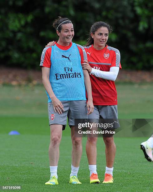 Danielle van de Donk and Natalia Pablos Sanchon of Arsenal Ladies during their training session on July 13, 2016 in London Colney, England.