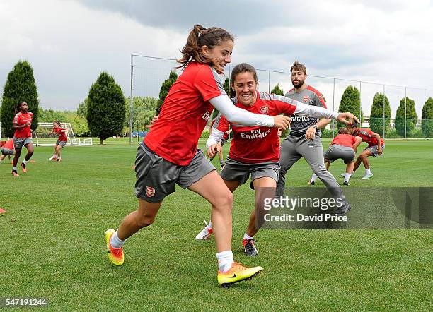 Danielle van de Donk and Fara Williams of Arsenal Ladies during their training session on July 13, 2016 in London Colney, England.