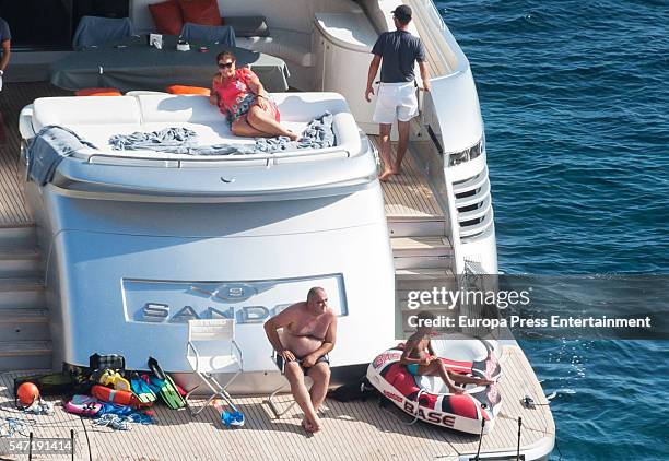 Real Madrid football player Cristiano Ronaldo's mother Maria Dolores dos Santos Aveiro and his son Cristiano Ronaldo Jr are seen on July 13, 2016 in...